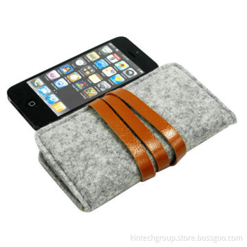 Felt mobile phone case with card holder and leather tie-up closure, customized logos